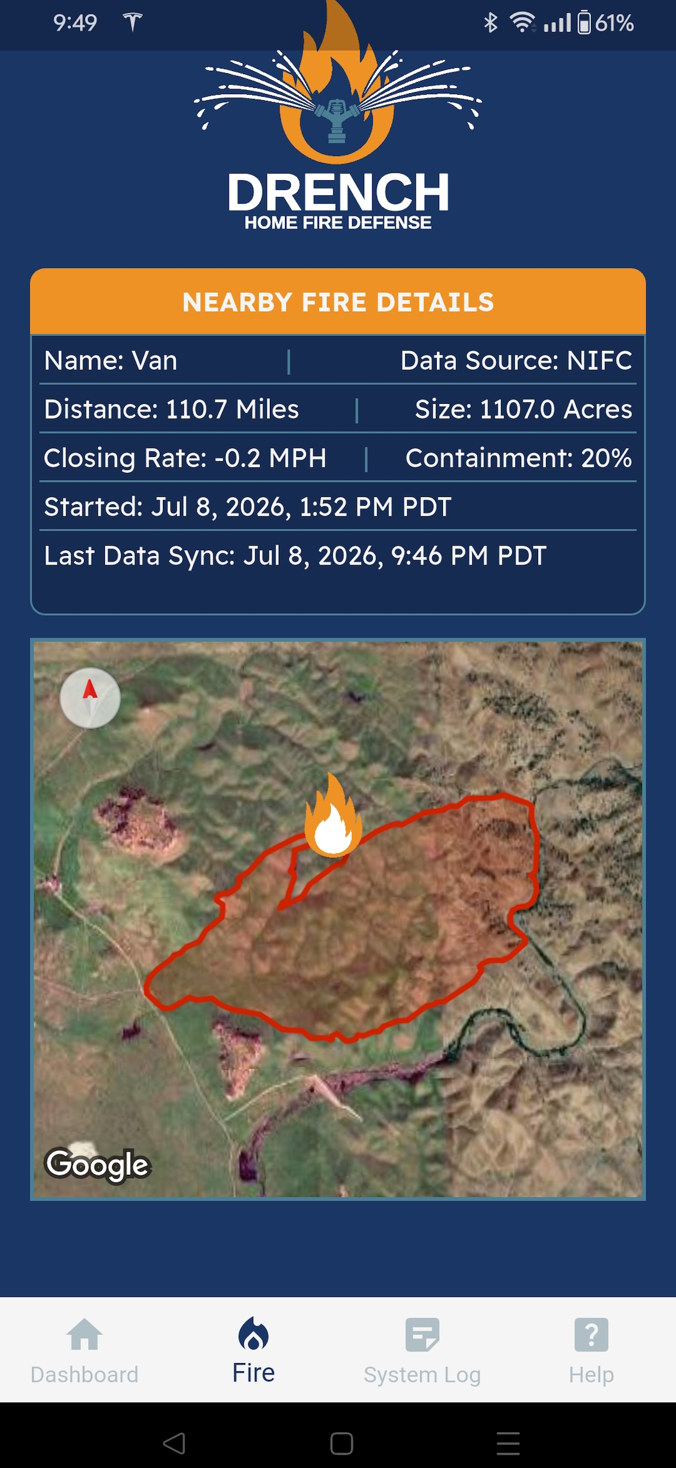 Drench app fire tracking screen showing satellite map of a nearby wildfire perimeter with distance, size, and containment details