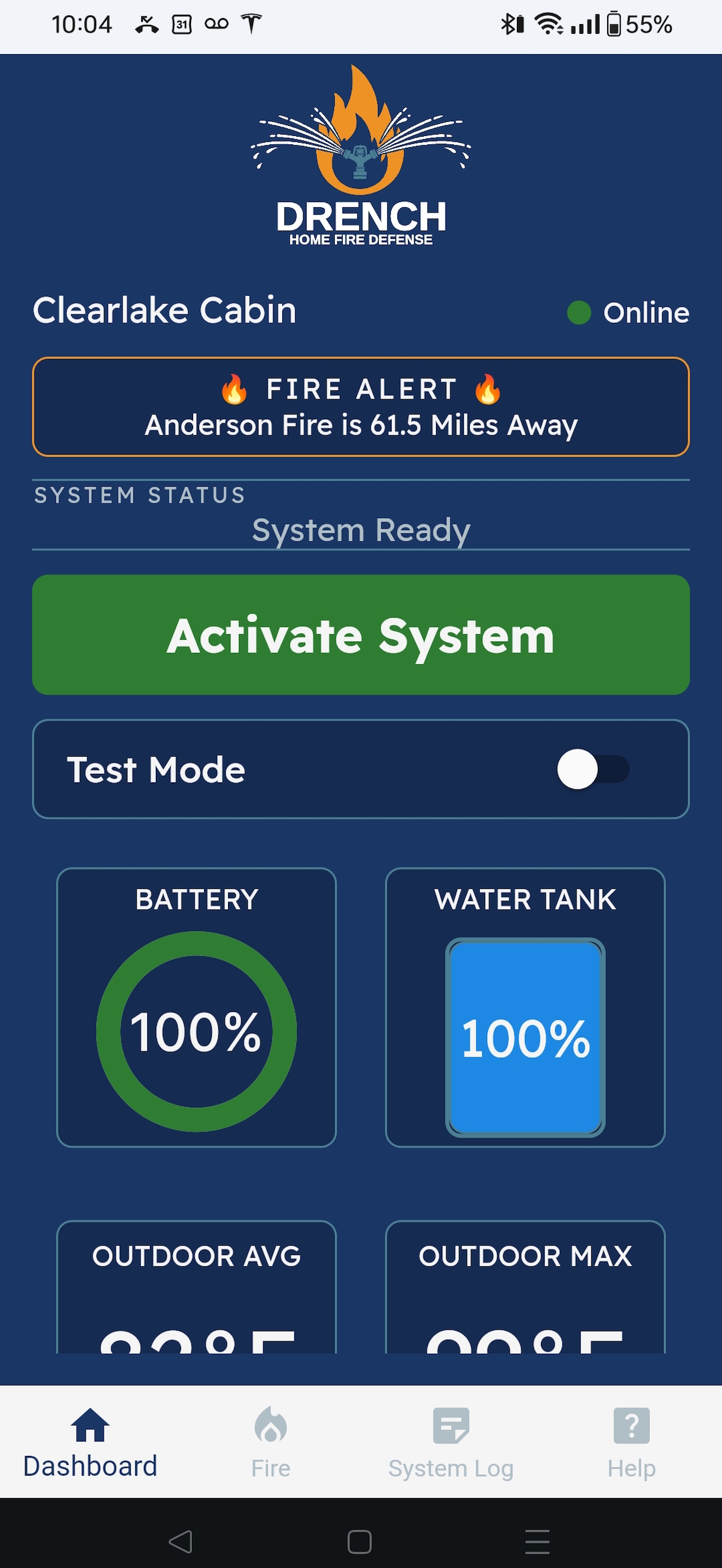 Drench app dashboard showing fire alert, 100% battery, 100% water tank, and Activate System button
