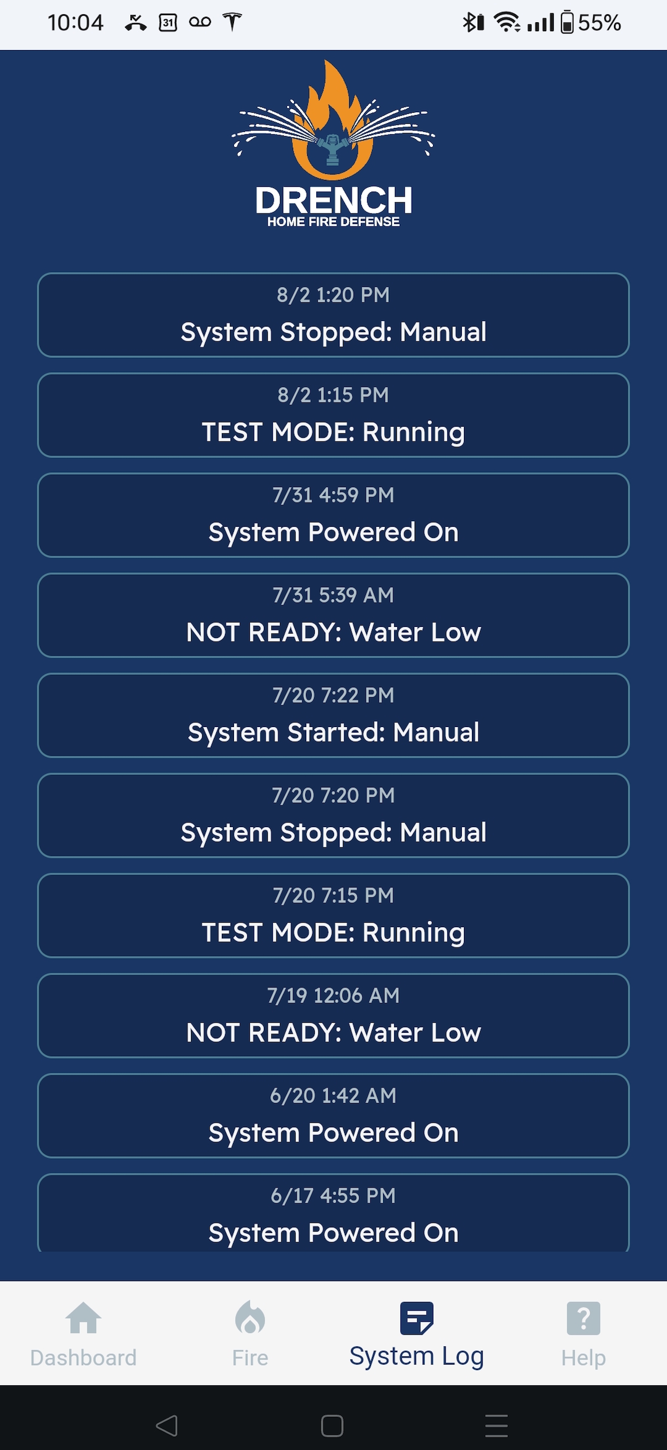 Drench app system log showing a timestamped history of system power, test mode, and water level events