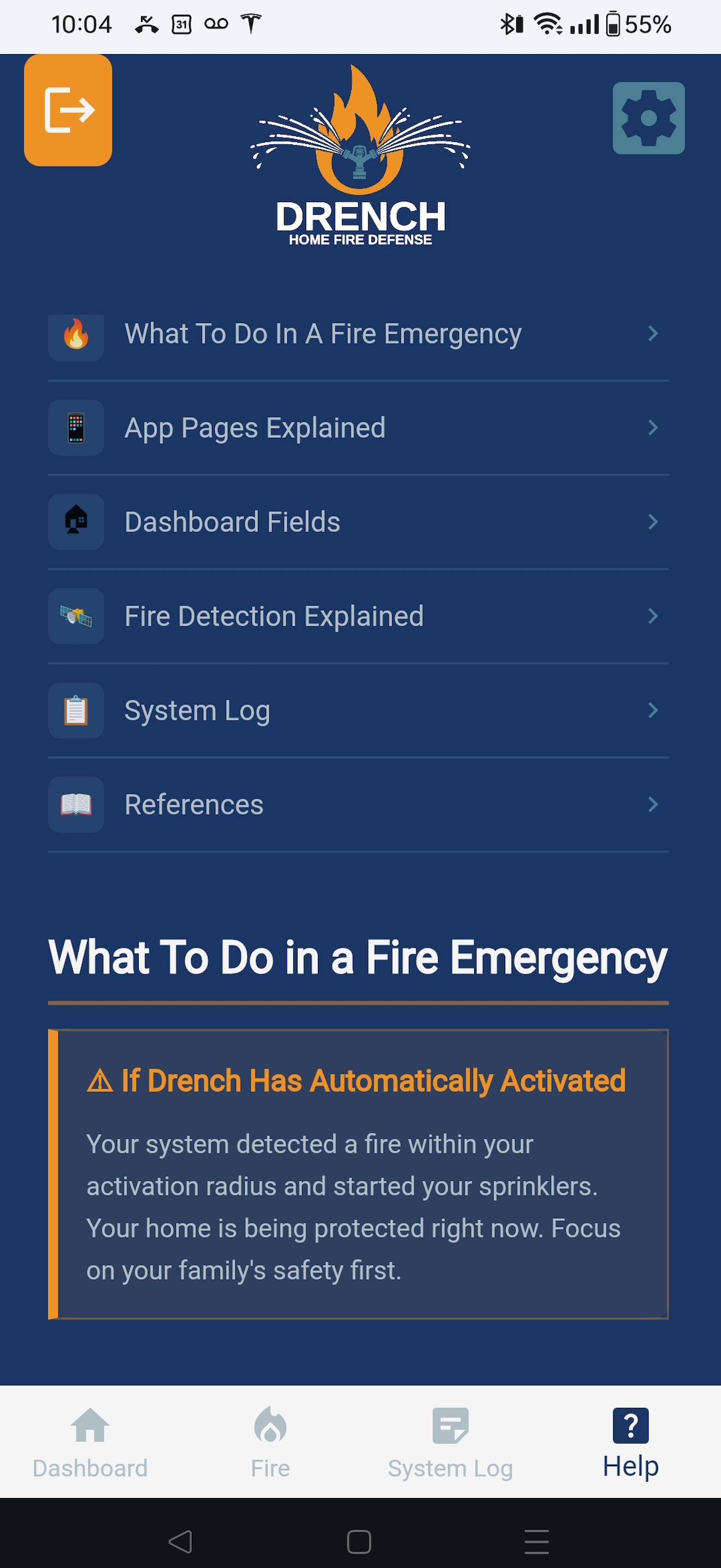 Drench app help screen with guidance on what to do if the system has automatically activated during a fire emergency